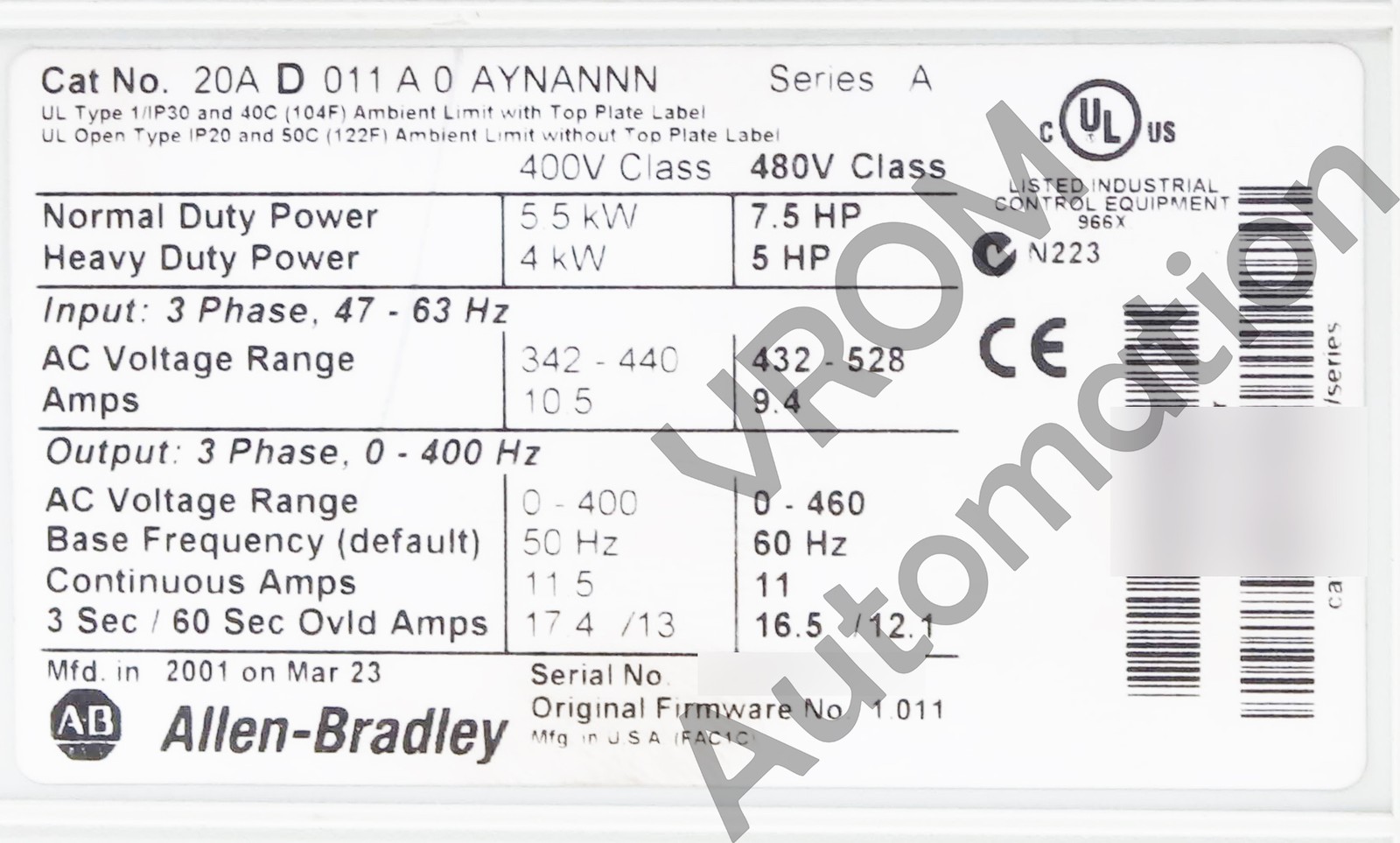 Allen Bradley 20AD011A0AYNANNN /A PowerFlex 70 480V 11A 7.5HP Normal Duty 5HP He