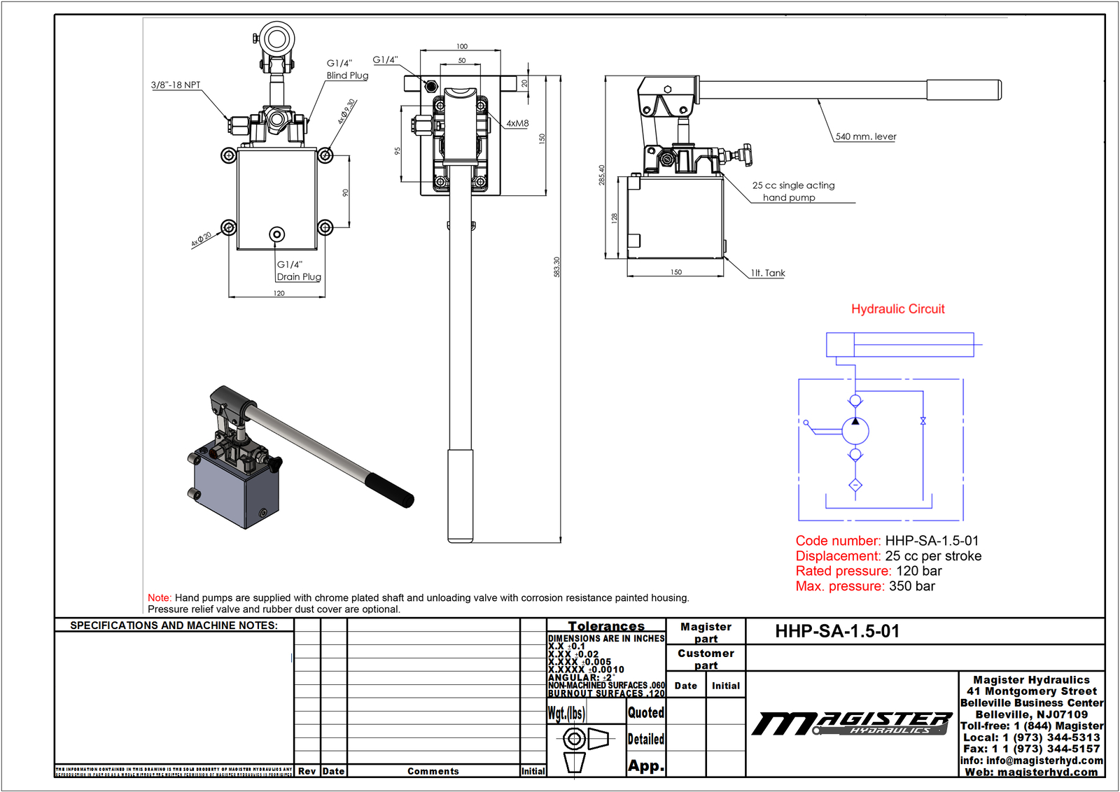 Hydraulic piston hand pump with release knob for single acting cylinder 1.5 CID