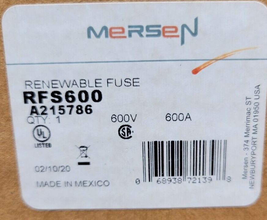 Mersen RFS600 600 Amp 600V Renewable Fuse Class H Fast-Acting Blade-Style