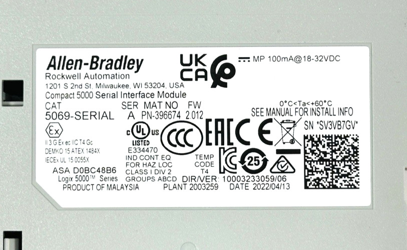 2022 Allen-Bradley 5069-SERIAL MFG 2-Channel RS-232 RS-422 RS-485 Serial Module