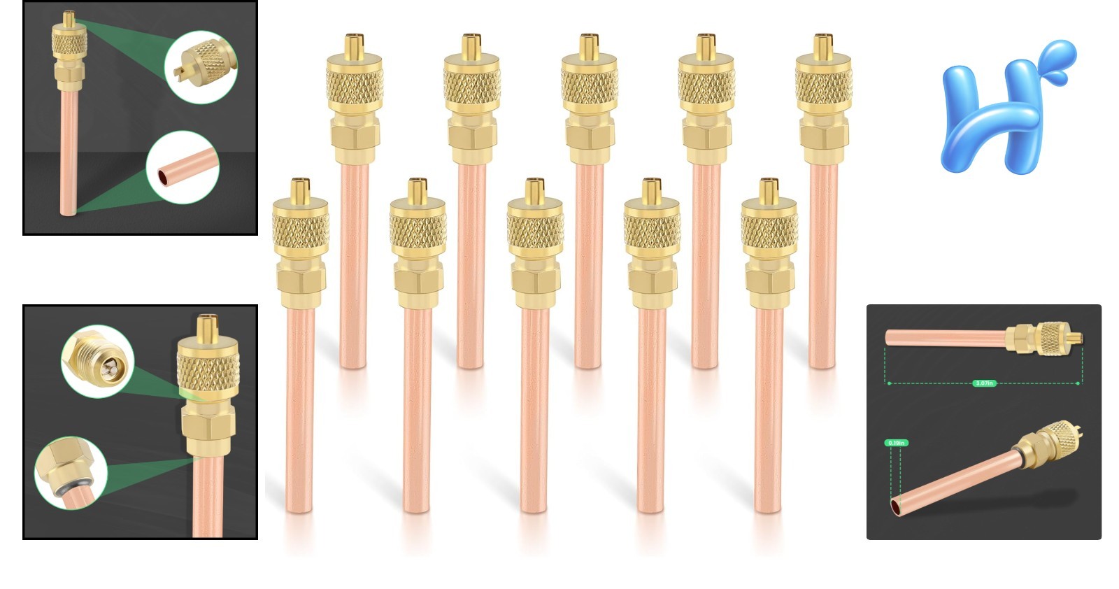 10-Piece Schrader Valve Set, 1/4″ SAE for Efficient HVAC Refrigeration Systems