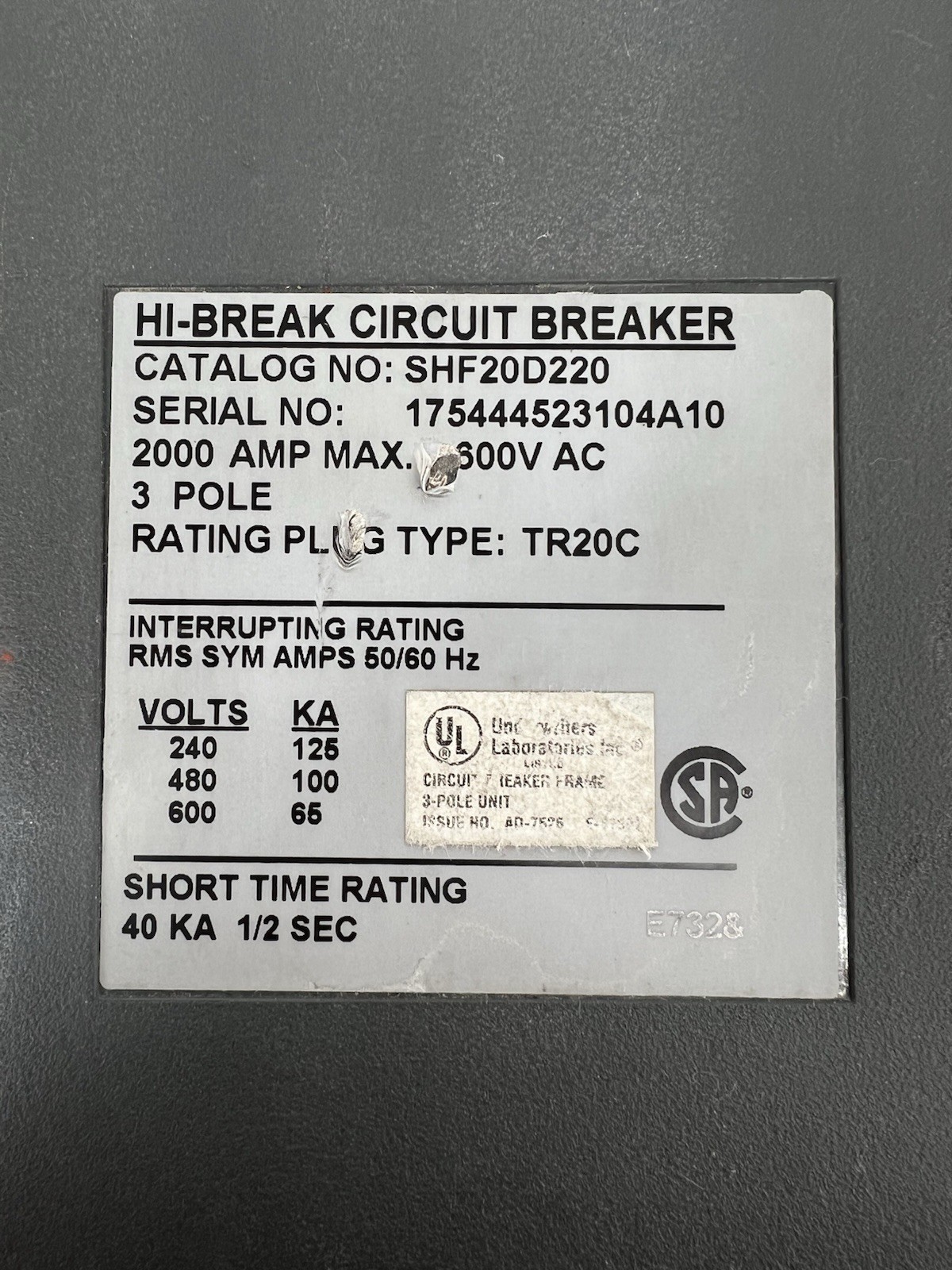 GE SHF20D220 Hi-Break Circuit Breaker, 2000A, 600V, 3P, 3Ø w/ SPUV120AC