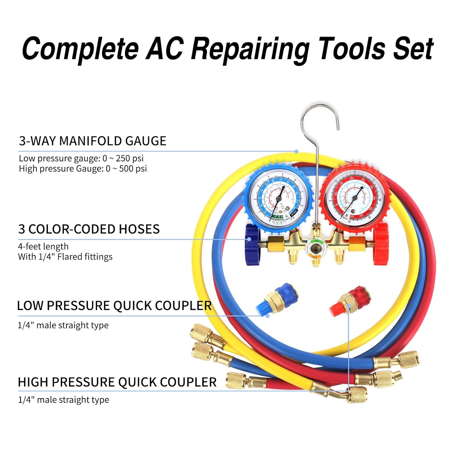 For R502 R134a R12 R22 AC Manifold Gauge Set A/C Refrigeration 3 Way Hose