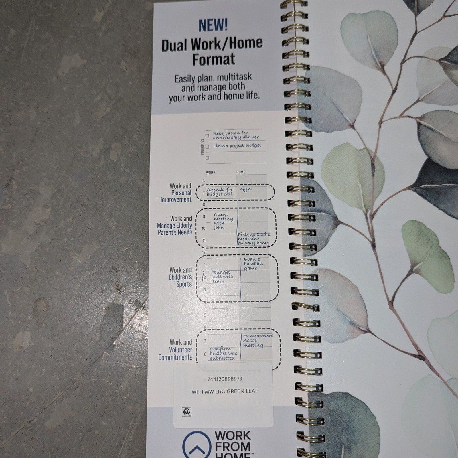 Work from Home Monthly Weekly Large Planner – Green Leaves NWT 9″ X 11″