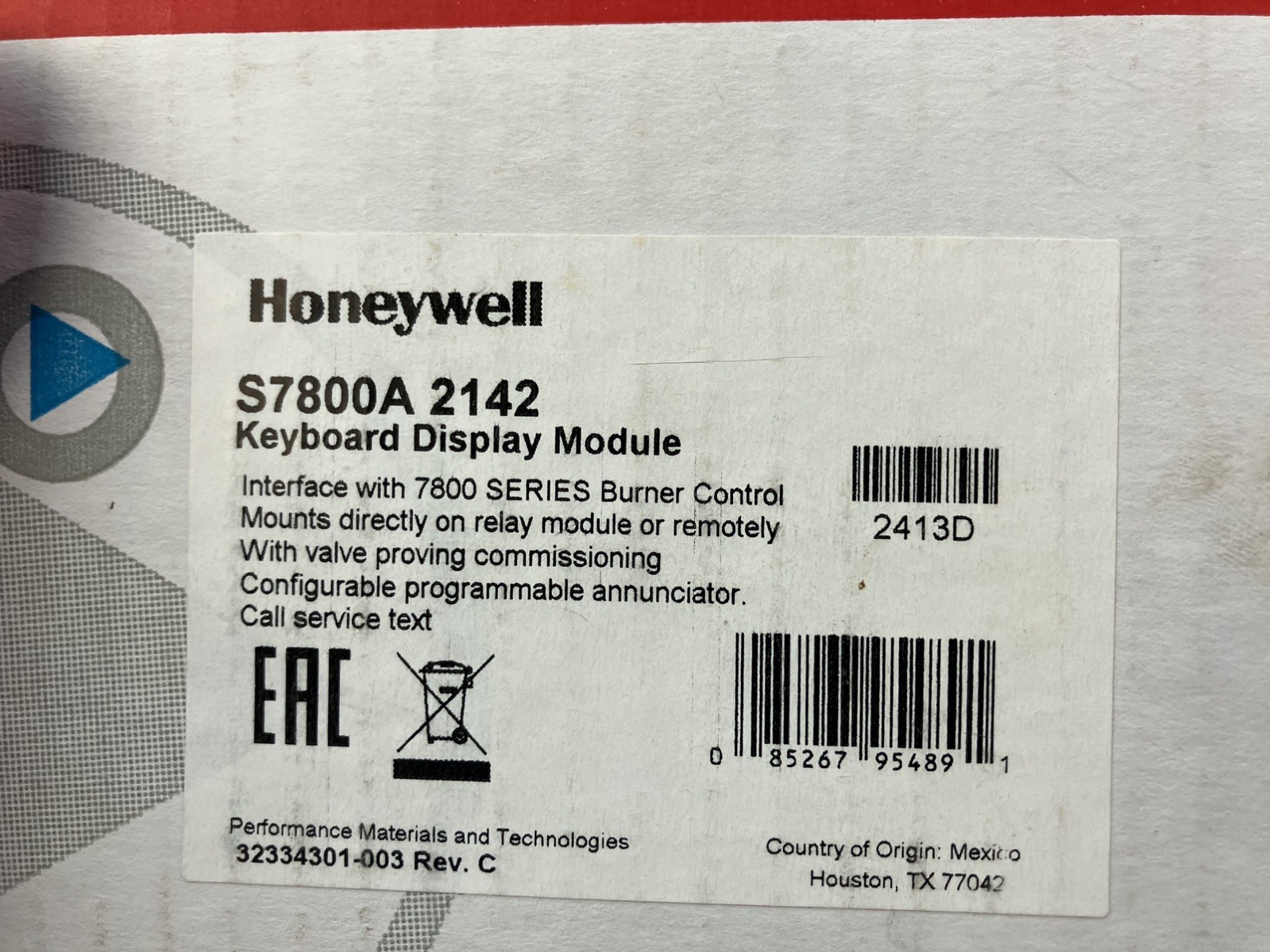 Honeywell S7800A2142 4-Line 7800 Series Keyboard Display Module