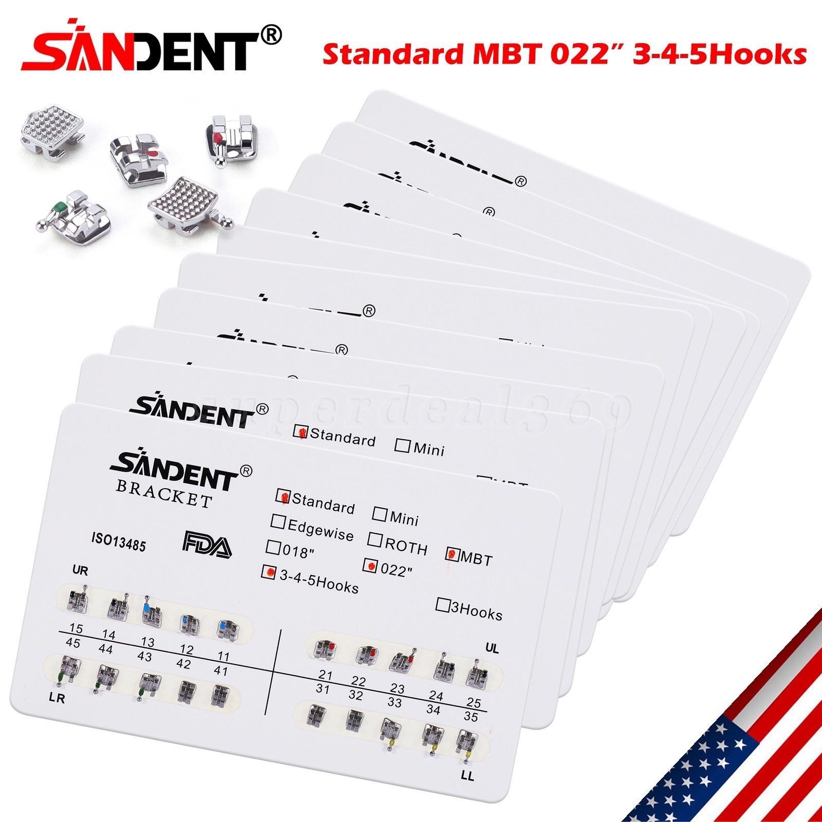 10 kits Dental Orthodontic Braces Brackets Standard MBT 022″Slot 345 Hooks YBB