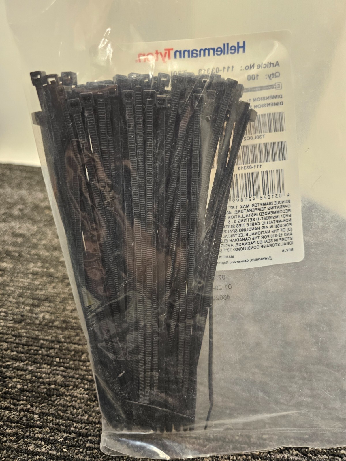 (QTY 1100) HellermannTyton 111-03313 T30L Nylon Cable Tie, Black, 7.5″ 30lb