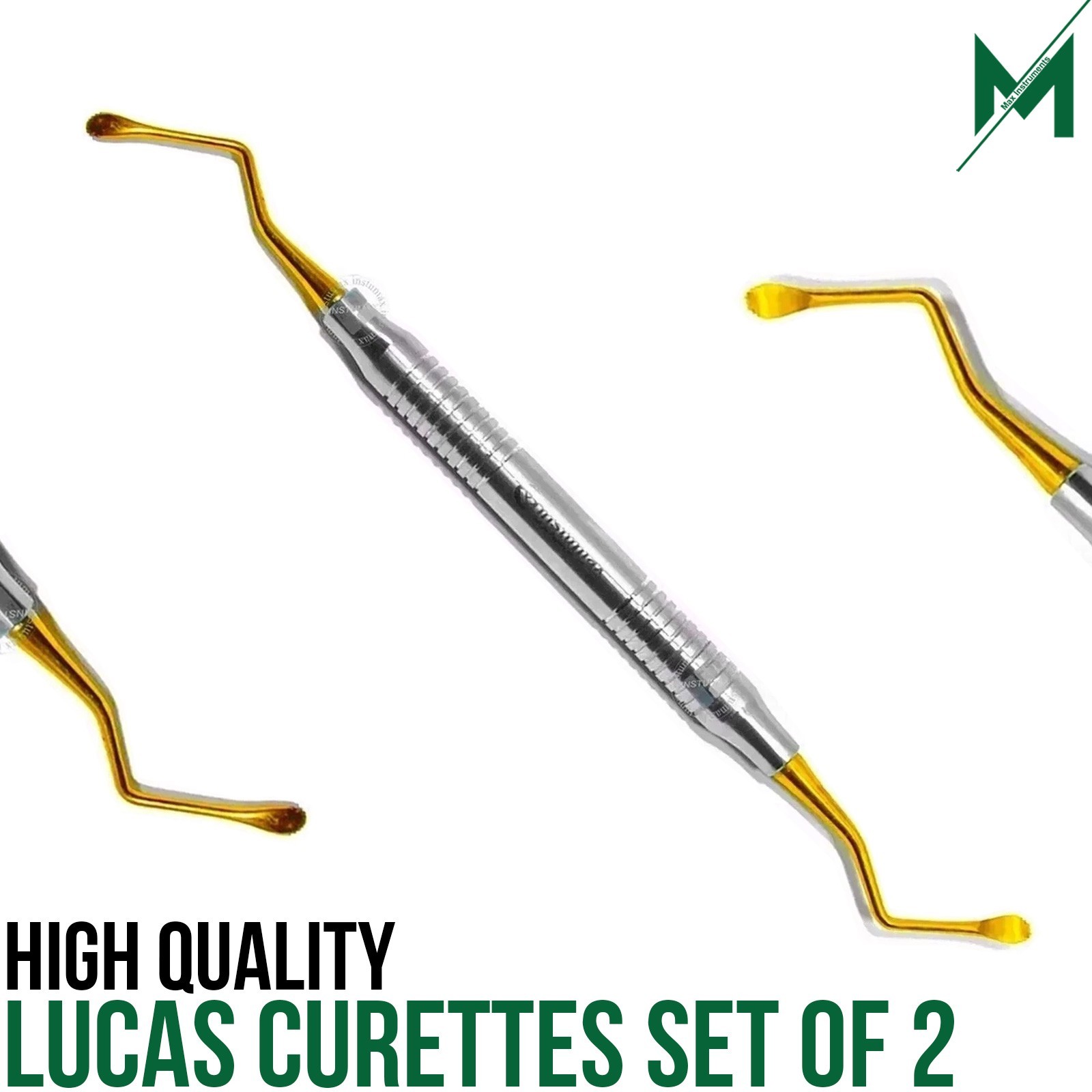 Dental Lucas Curettes Set of 2 Surgical Bone Curettes Serrated Gold Coated Tips