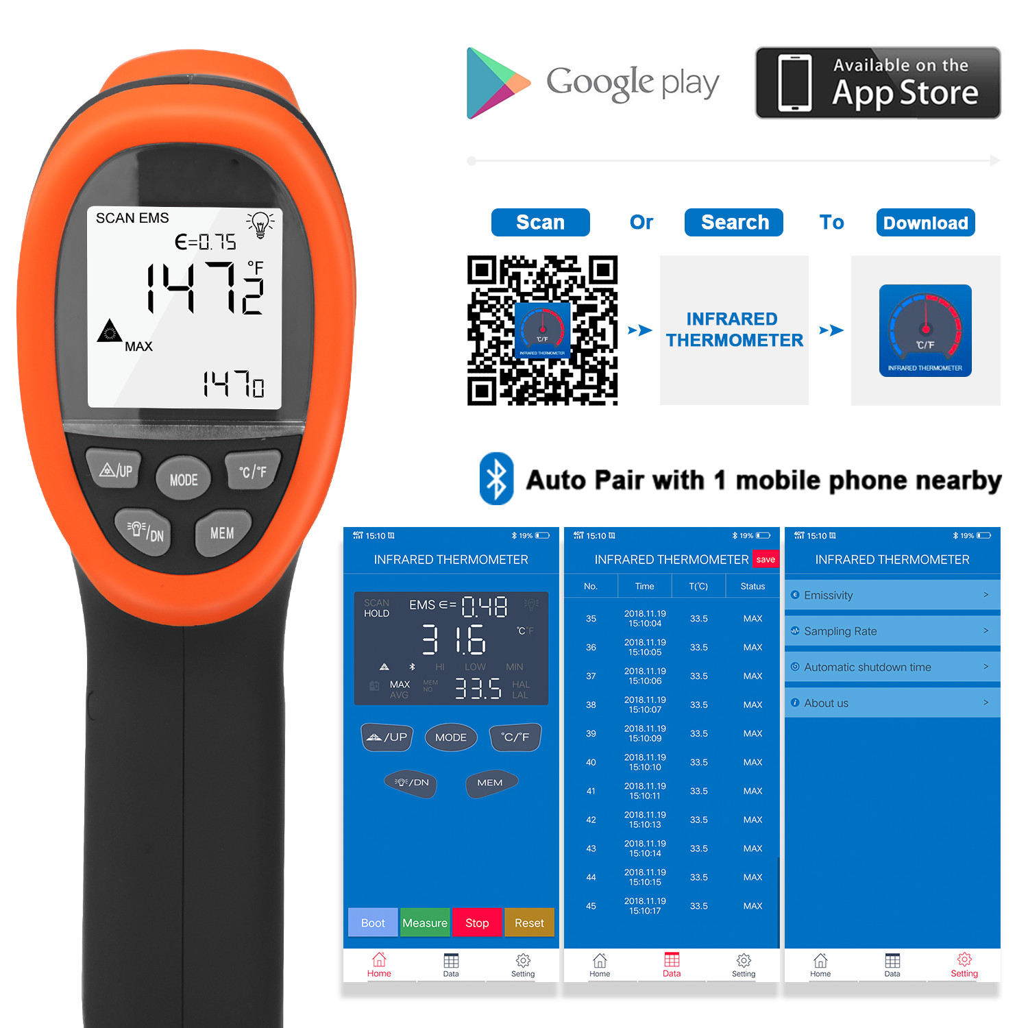 Laser IR Thermometer Non-Contact 16:1 Adjustable Emissivity MAX/MIN/AVG