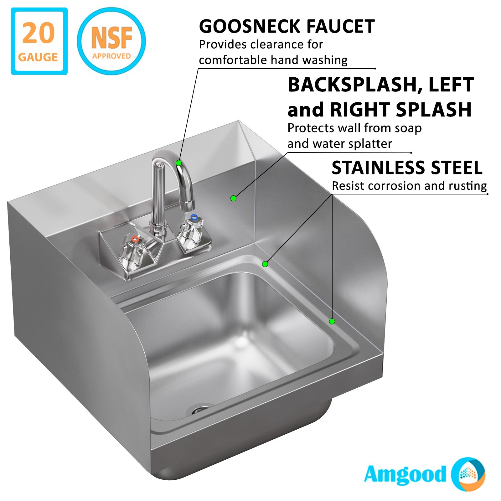 Stainless Steel Hand Sink 15 in x 15 in with Side Splashes and Gooseneck Faucet