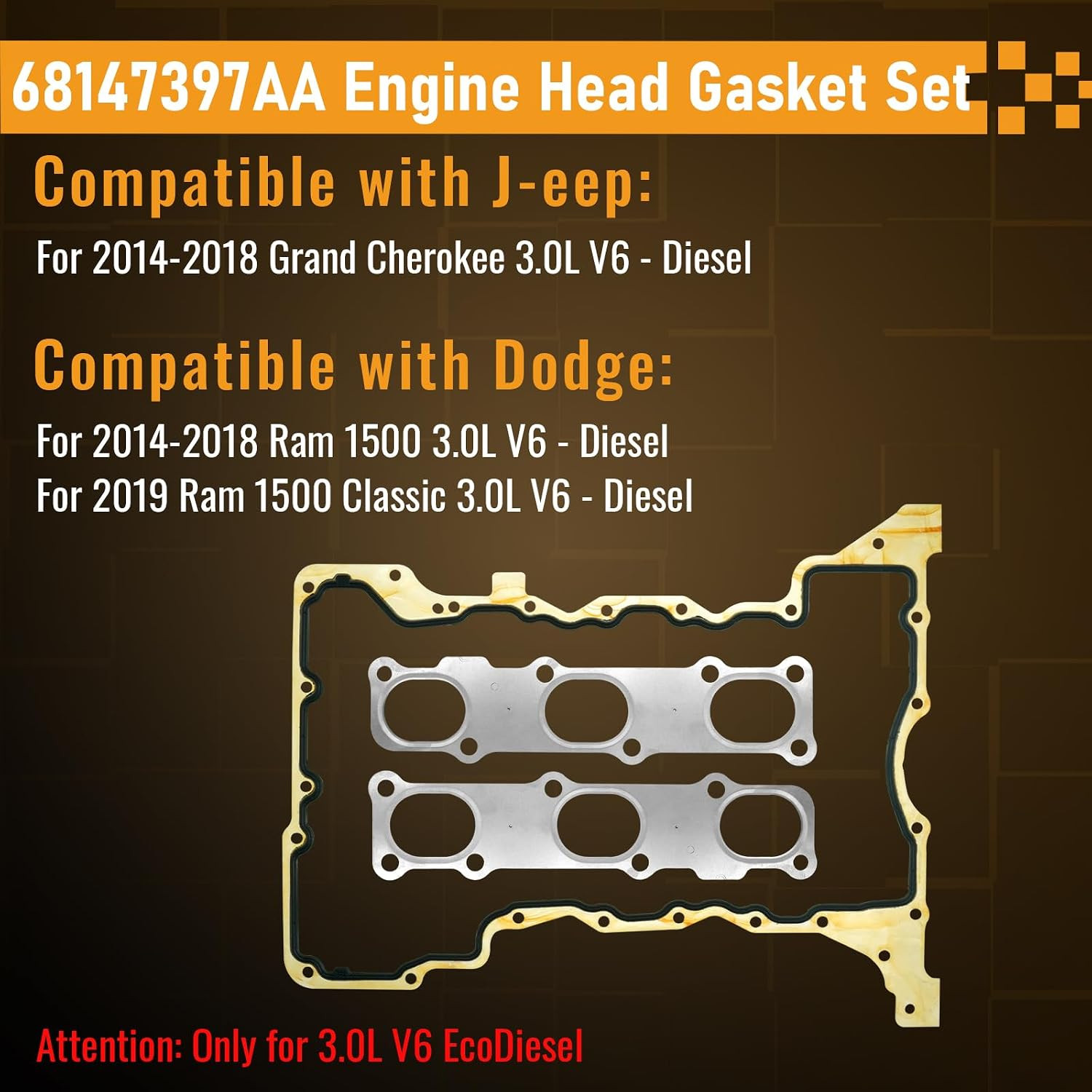 3.0L EcoDiesel V6 Cylinder Head Gasket 2014-2018 Jeep Grand Cherokee Ram 1500