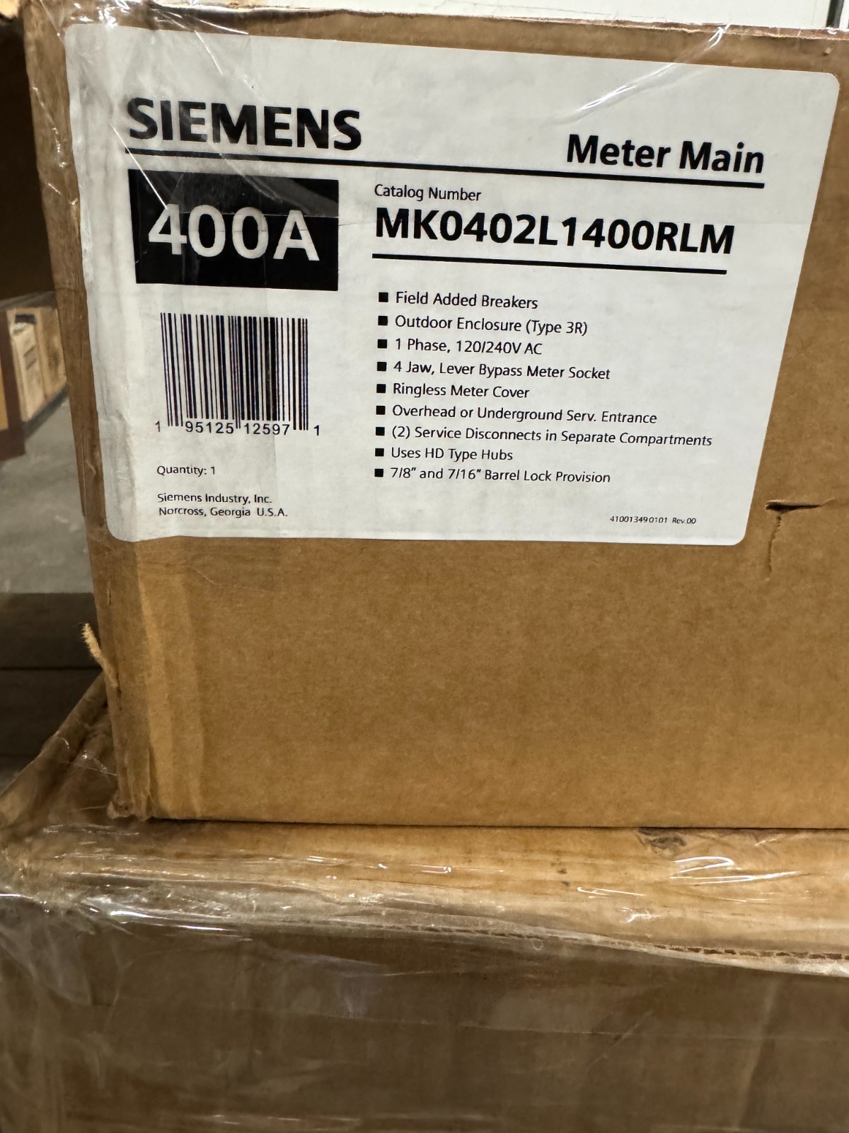 NEW Siemens 400 amp meter main 1PH. MK0402L1400RLM. with 2- ,200 amp bkrs