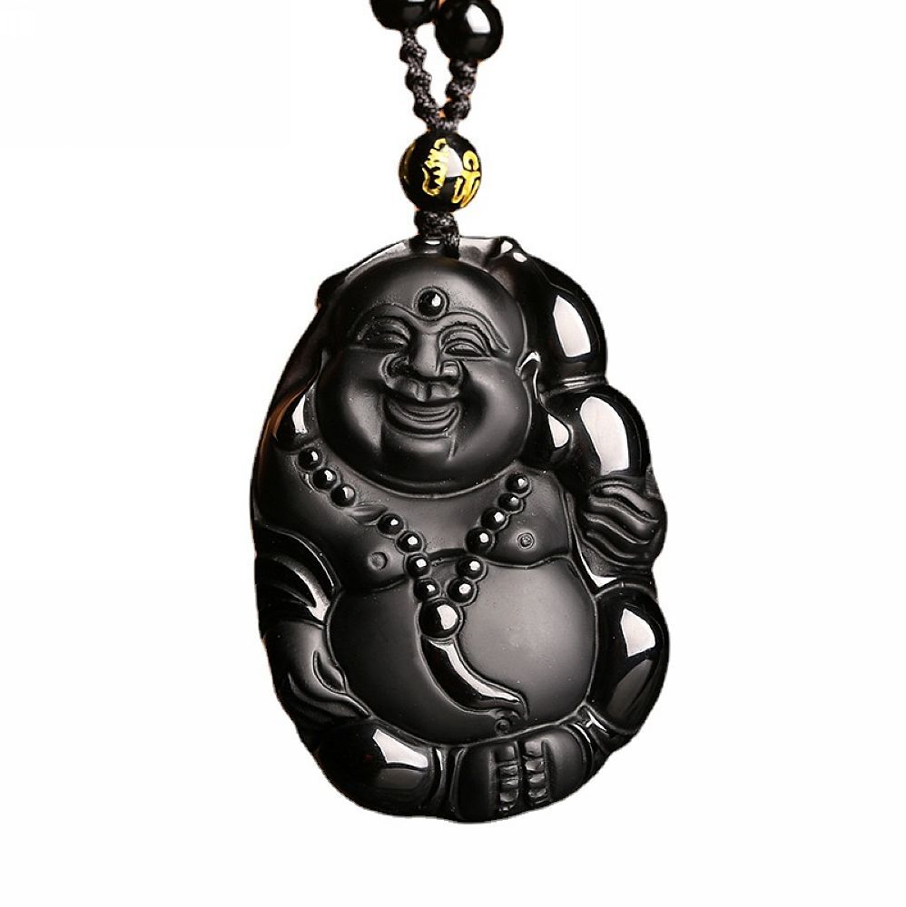 Natural crystal black obsidian laugh buddha necklace pendant Crystal Healing