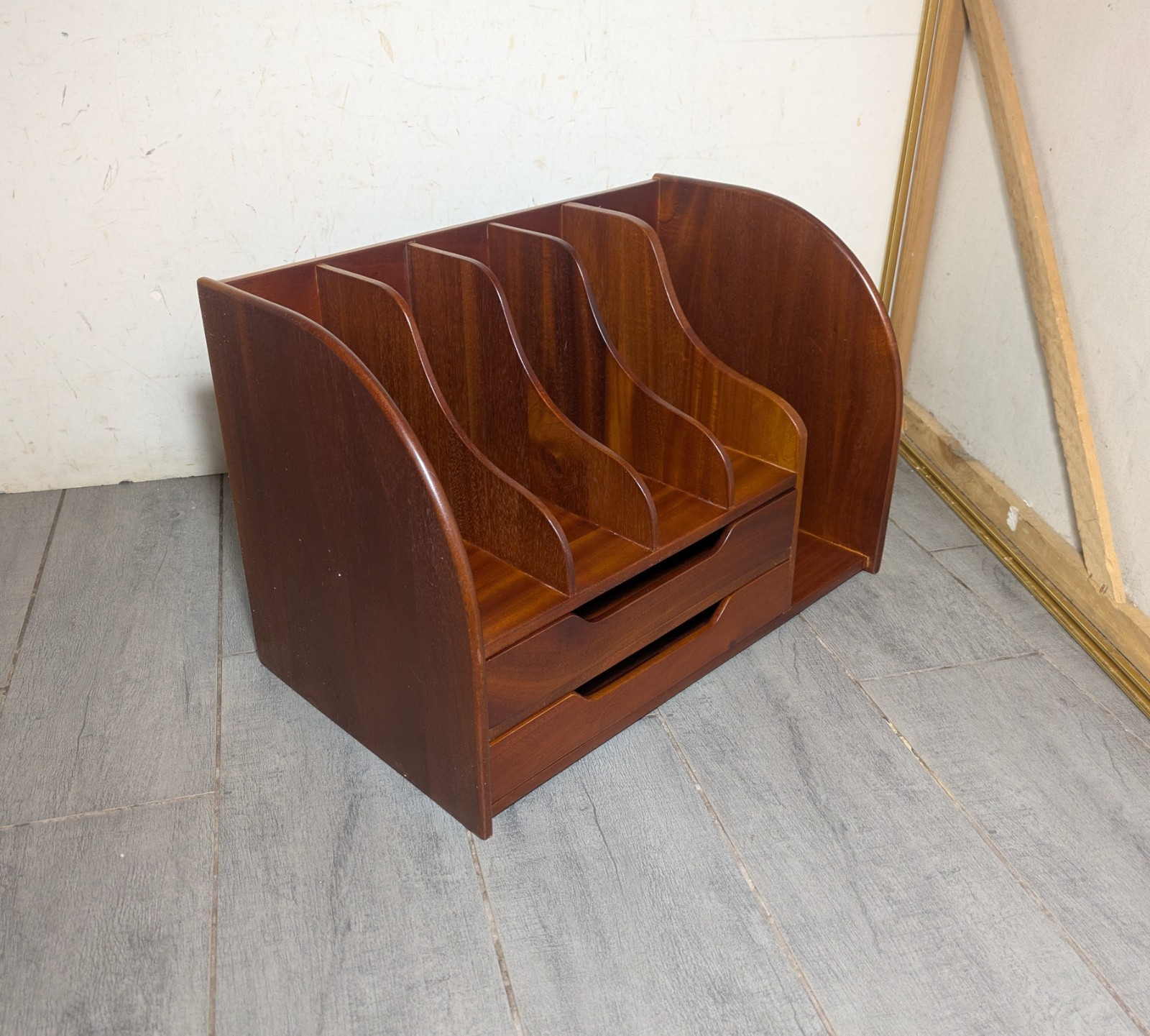 Vintage Mid Century Danish Modern Mahogany Wood Desk Organizer Mail Sorter H66