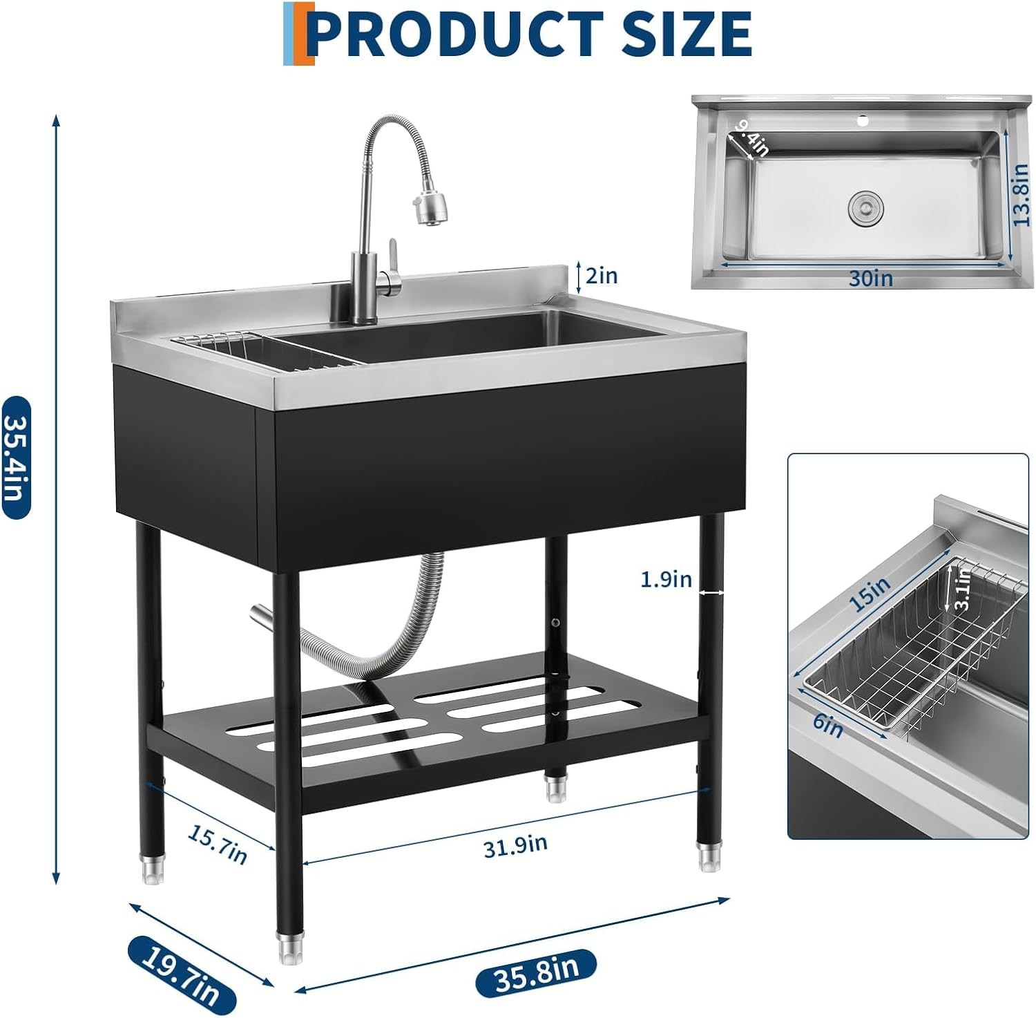 36 Inch Single Bowl Utility Kitchen Sink Stainless Steel Commercial Laundry Sink
