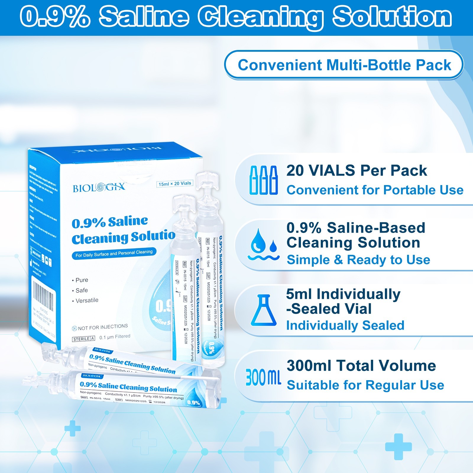 0.9% Saline Cleaning Solution, Normal Solution, 15ml Each, 20 per Box
