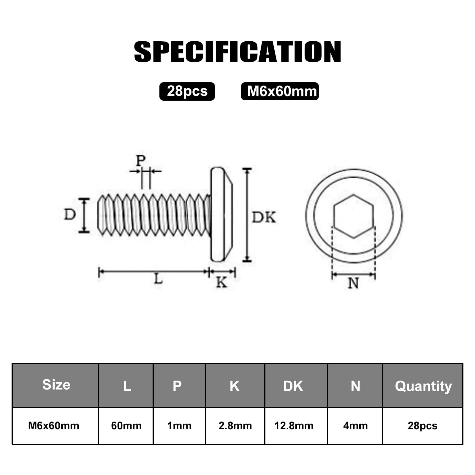 VGBUY M6-1.0 x 60 mm 28Pcs Flat Head Hex Socket Cap Screws Bolts,304 Stainles…