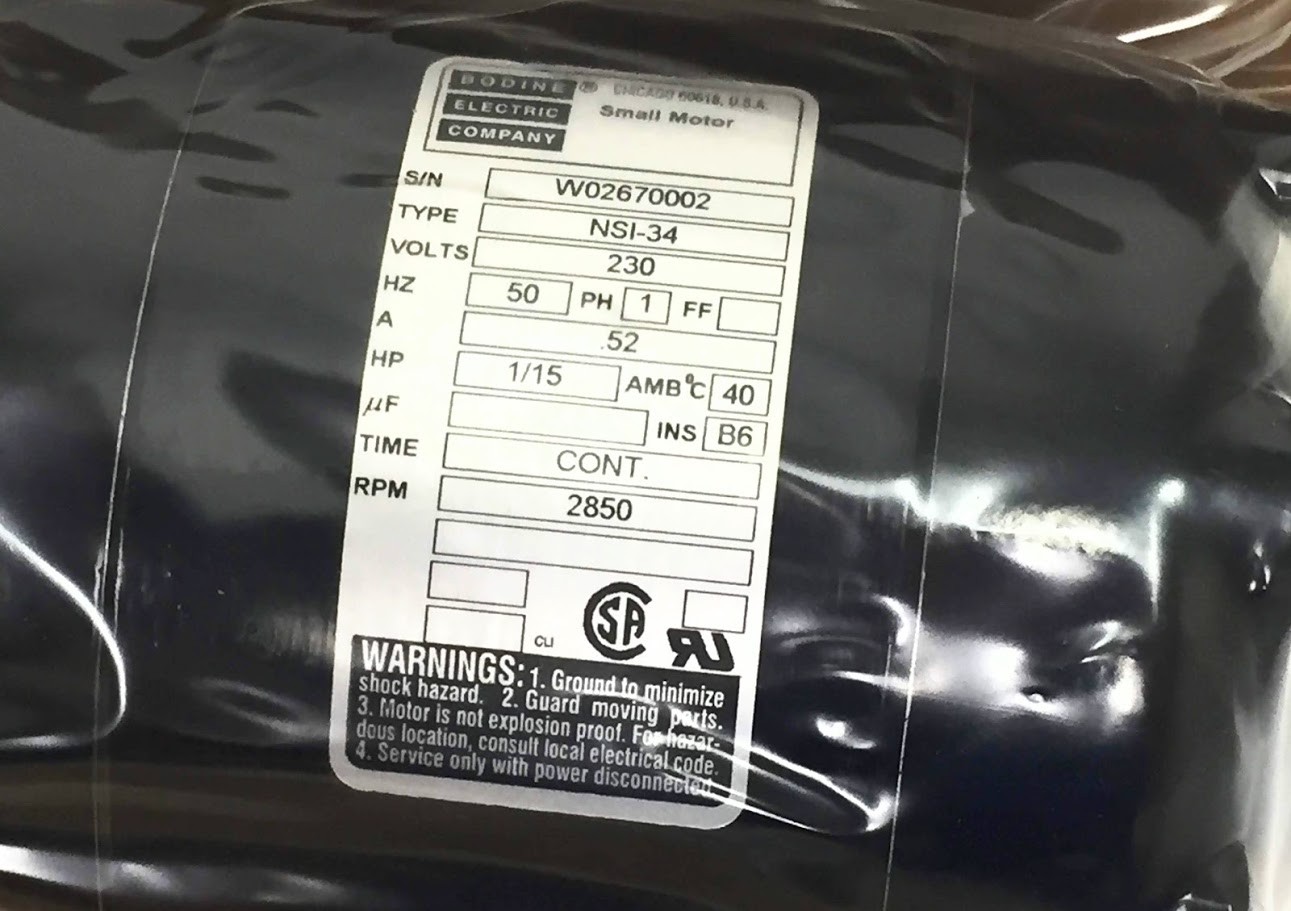 BODINE ELECTRIC COMPANY 1/15 HP MOTOR 230 V 2850 RPM NSI-34 Single 1 Phase