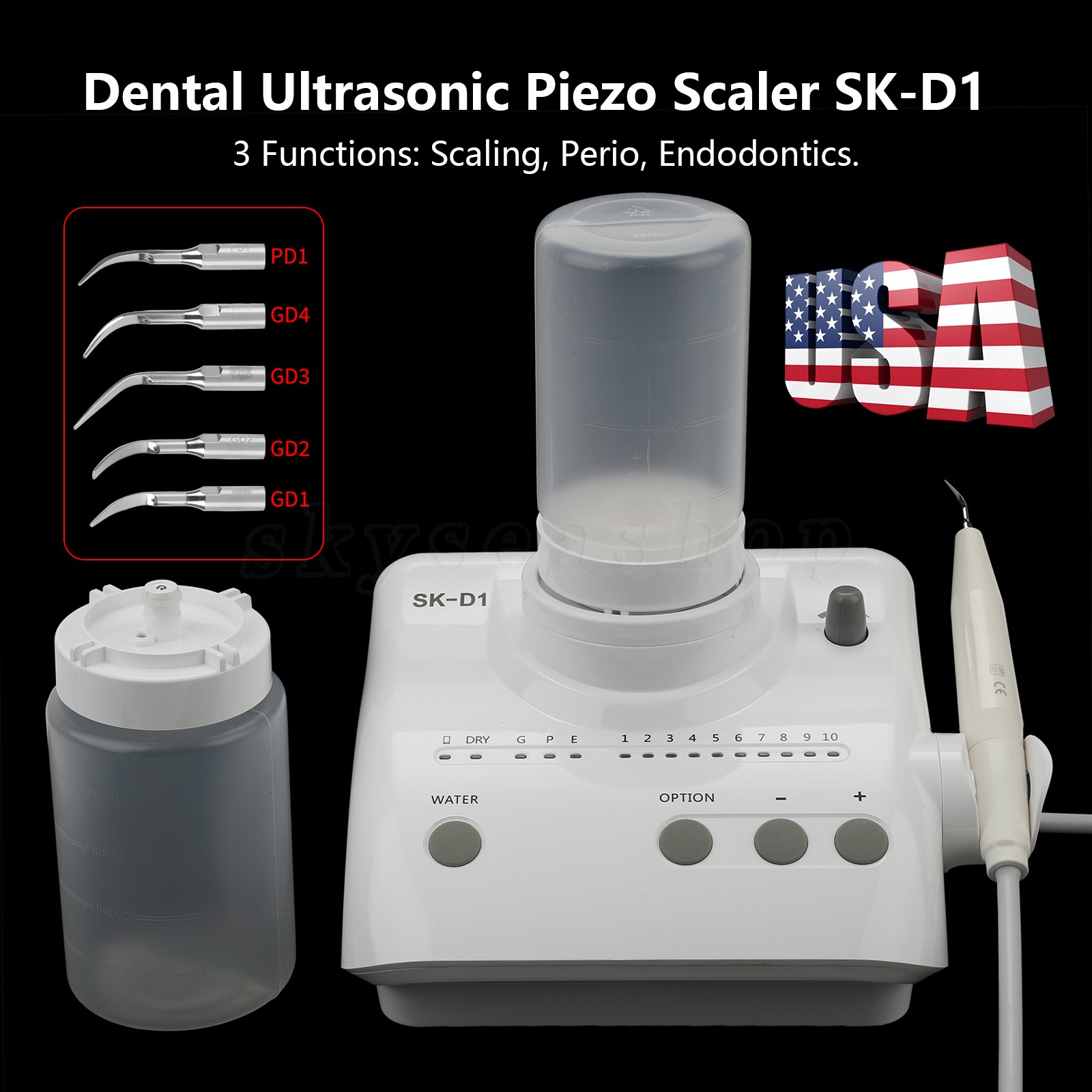 SK-D Dental Ultrasonic Scaler with 2 Water Bottles + 5 Tips DTE Free shipping