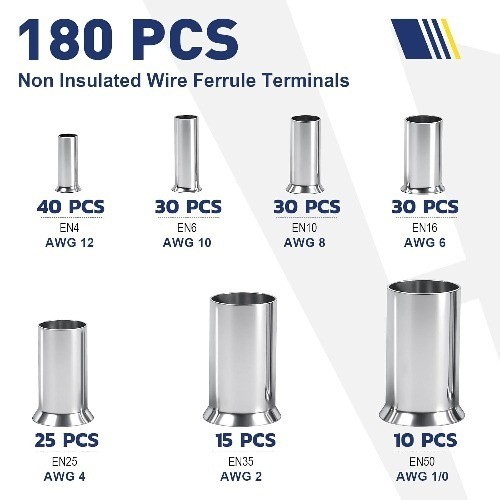 Wire Ferrules Kit 180 Pcs 7 Sizes AWG 1/0 2 4 6 8 12 Tinned Copper N Size: 180