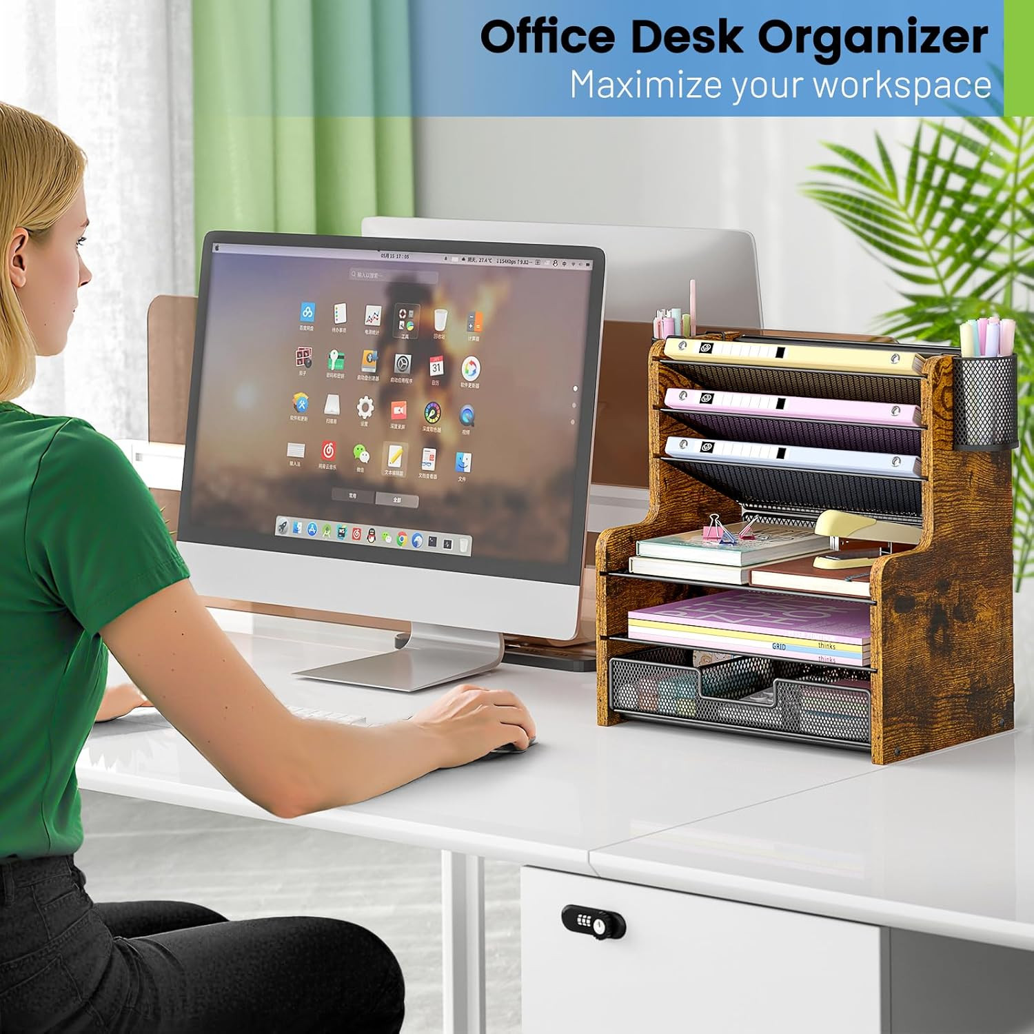 6-Tier Mesh Desk Organizer with Drawer, Wooden Office Organizer for Papers, Fold