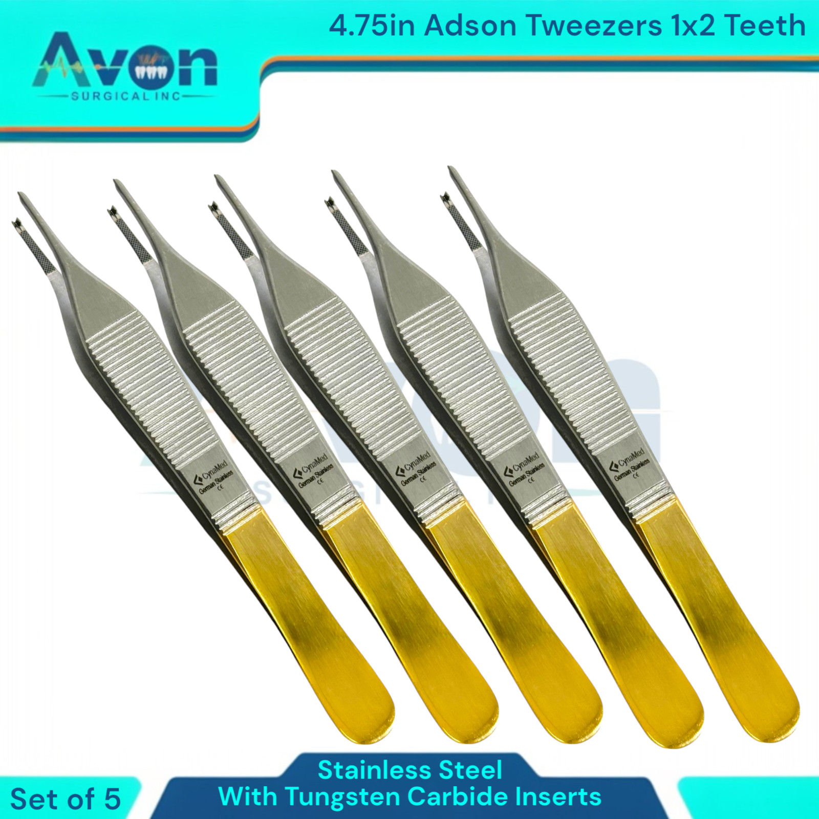 5pc – Adson Forceps with Tungsten Carbide Inserts, 1×2 Teeth, Straight, Premium