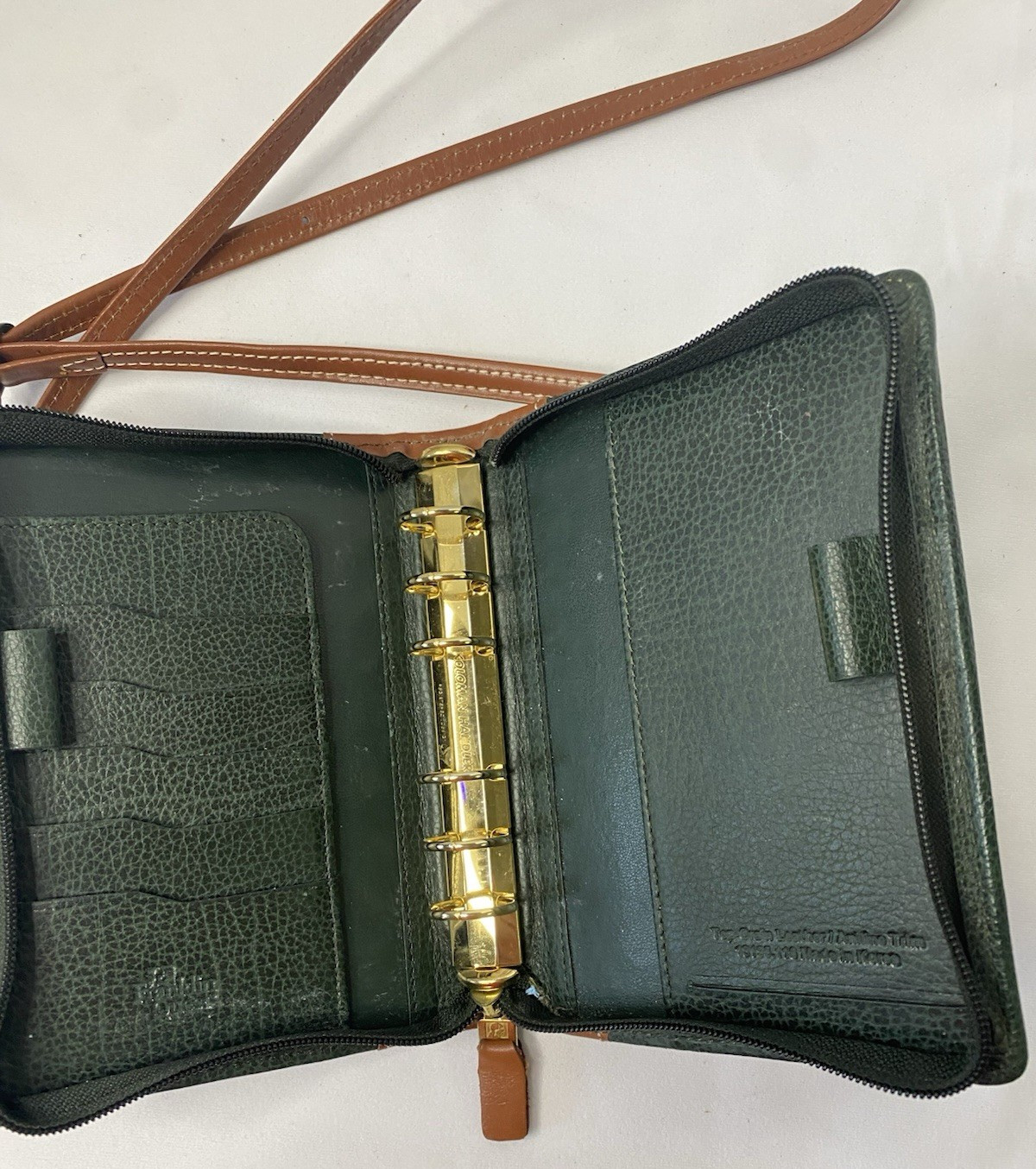 VINTAGE FRANKLIN QUEST ZIP PLANNER LEATHER GREEN/BROWN W/ADJ STRAP 6-1″ RINGS