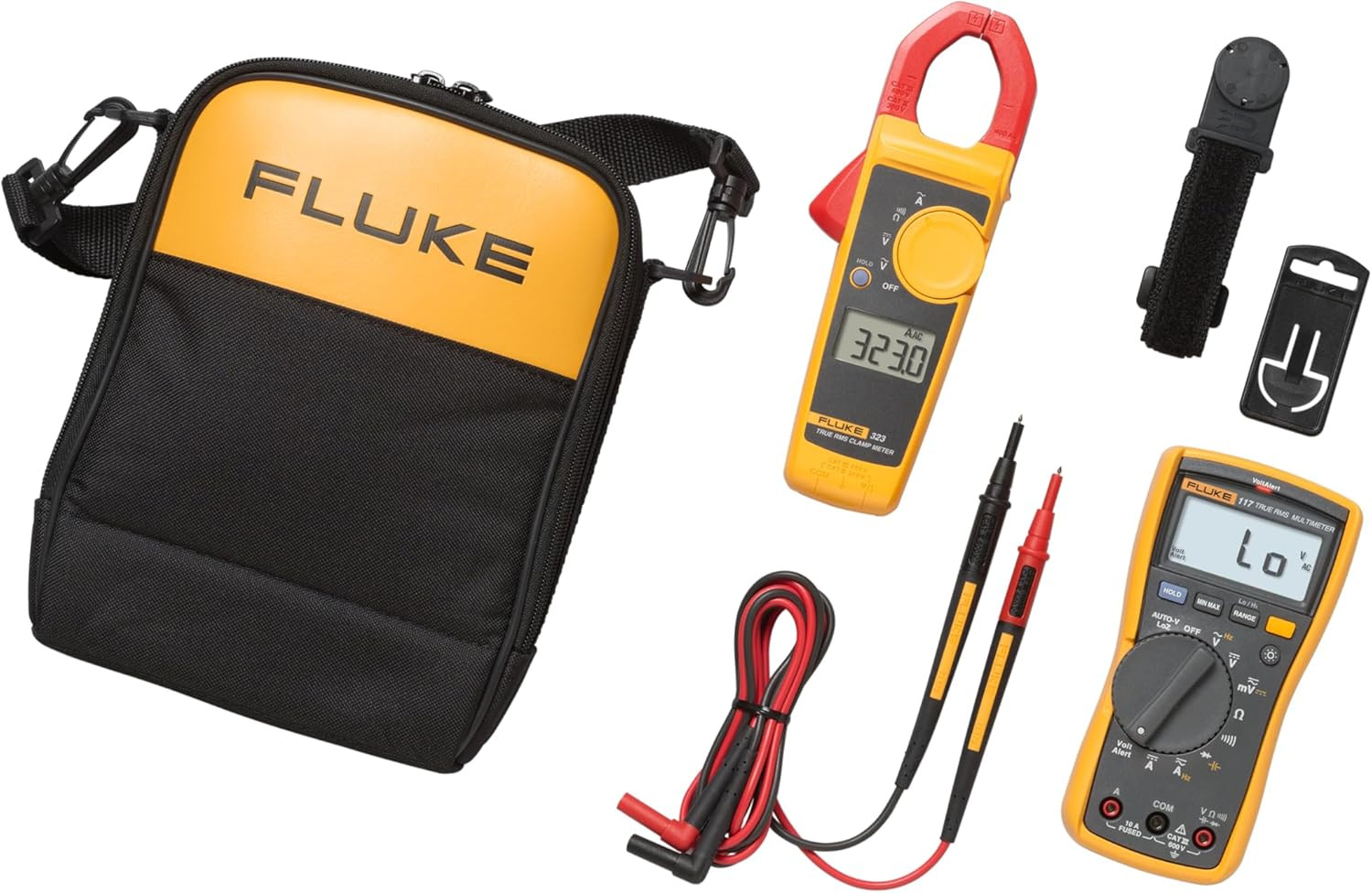 Kit multímetro + pinza 117/323, corriente 400A, estuche incluido