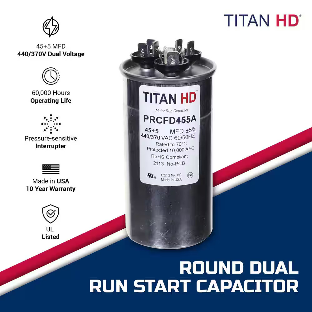 *2 PACK* TITAN HD PRCFD455A 45-5 MFD 440-370V Round Run Capacitor