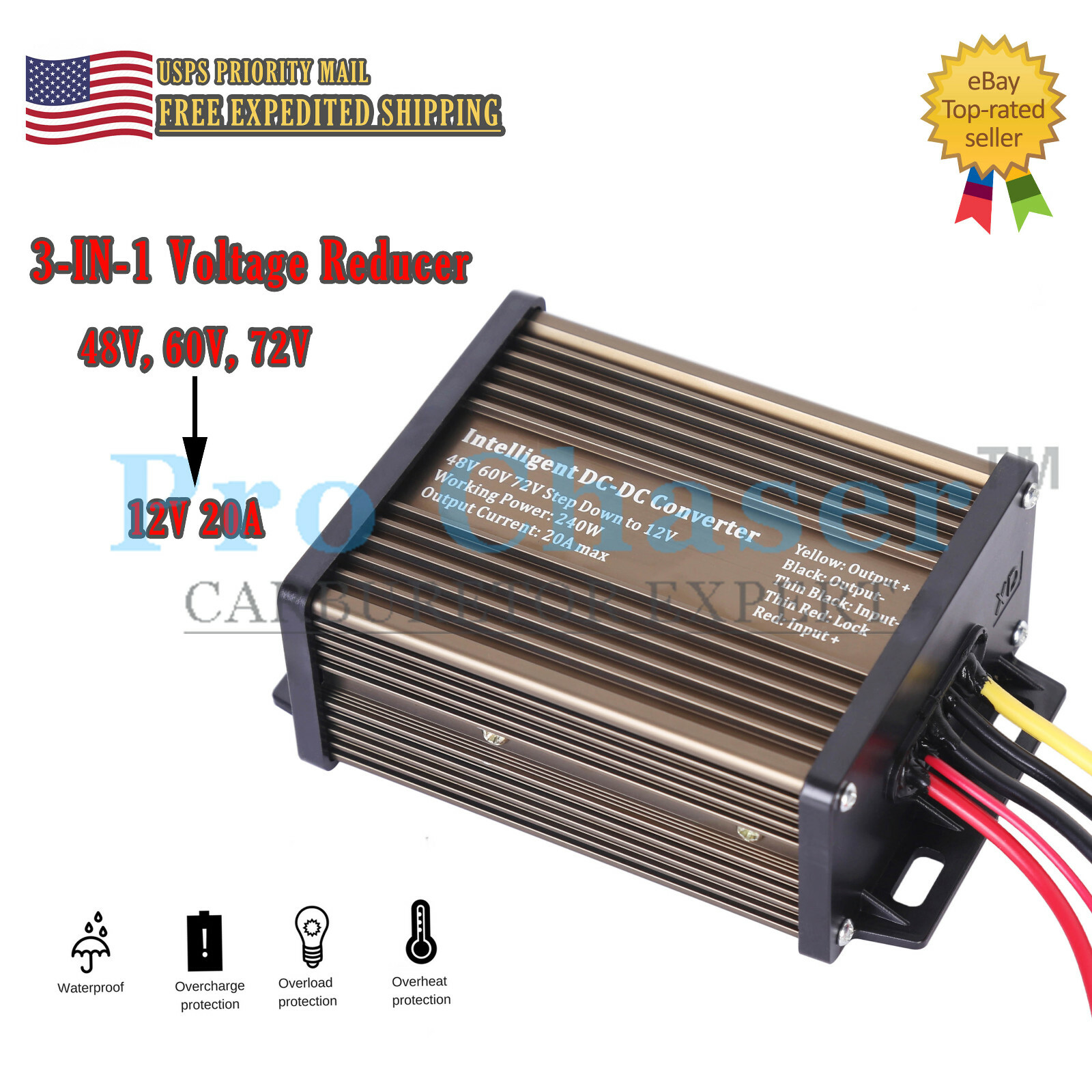 DC-DC 48V 60V 72V Converter Regulator Step-Down to 12V 240W 20A