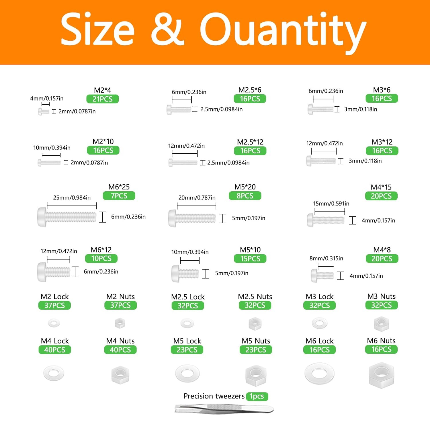 500 Pcs White Nylon Plastic Pan round Head Screws Bolts and Nuts and Gaskets