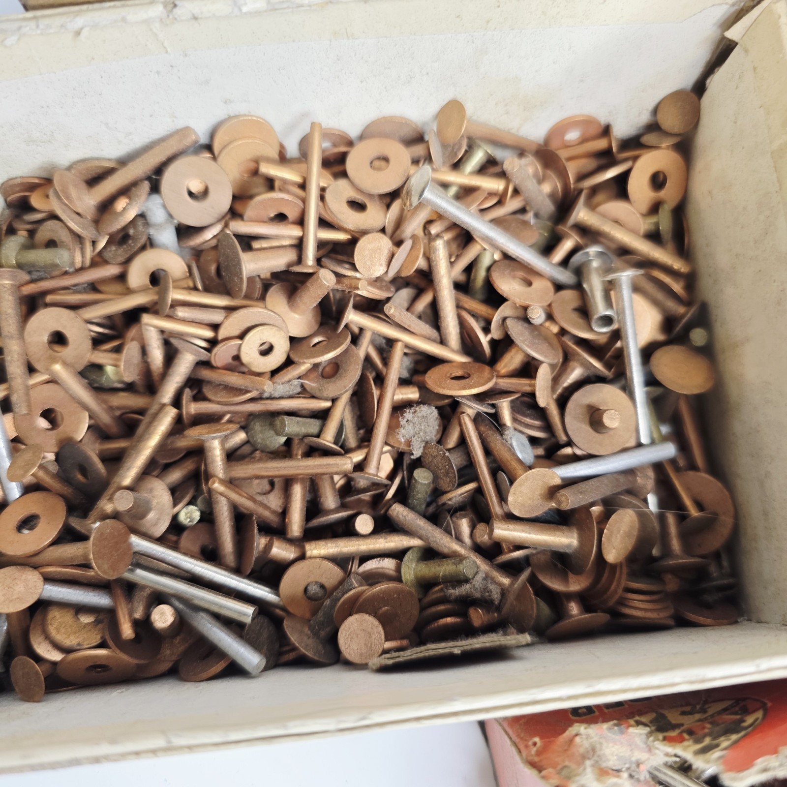 9 Pounds Vintage Copper Steel Belt Fasteners Tubular Rivets Burrs Boxes Lot Bulk