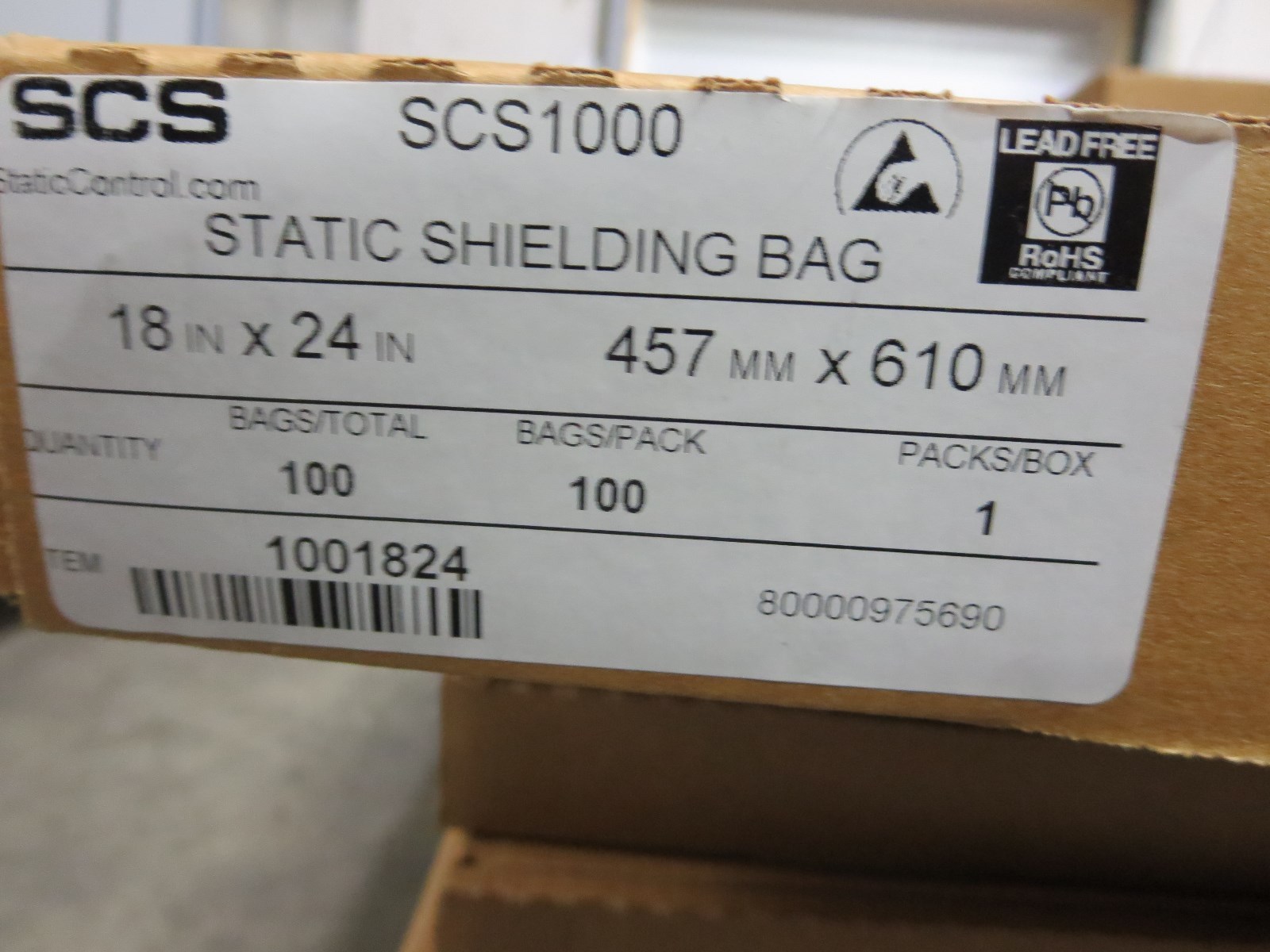 SCS, 1000 (1001824), Bag Static Shielding, 18″ X 24″, 100/Bx, NIB