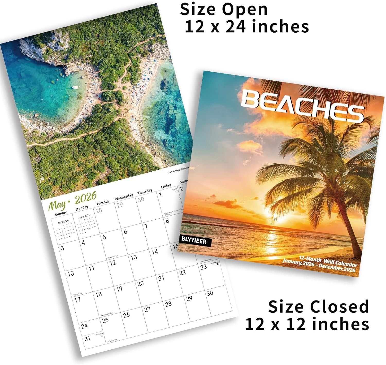 2026 Wall Calendar BEACHES, 12 Months Hangable Wall Calendars, Beach Calendars