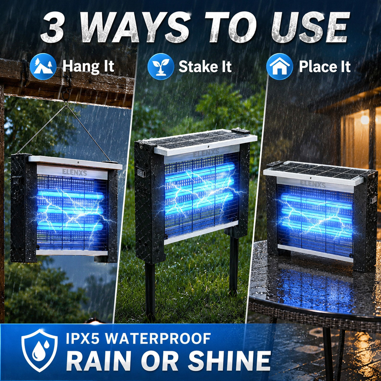 IPX5 Waterproof Solar Bug Zapper Outdoor Fly Killer Hanging Standing GroundStake