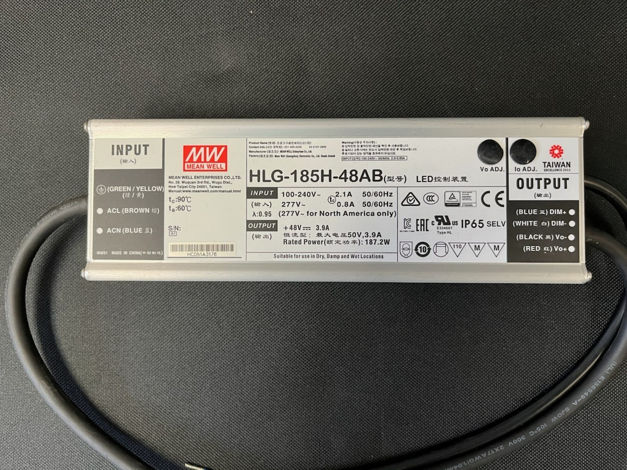 Mean Well HLG-185H-48AB, 3.9A 48V Constant Current, Voltage LED Driver AC DC