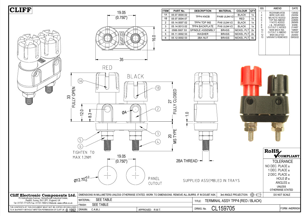 QTY-3 CLIFF Electronic CL159705 Binding Post 30A Black/Red Screw 2BA Thread