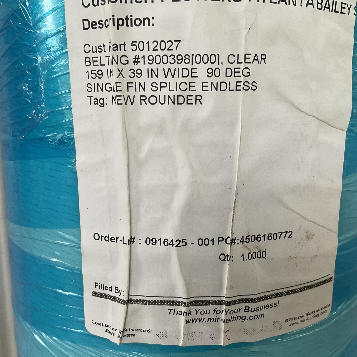 39-inch x 159-inch 1900398 MIR Flat Conveyor Belt Clear Endless