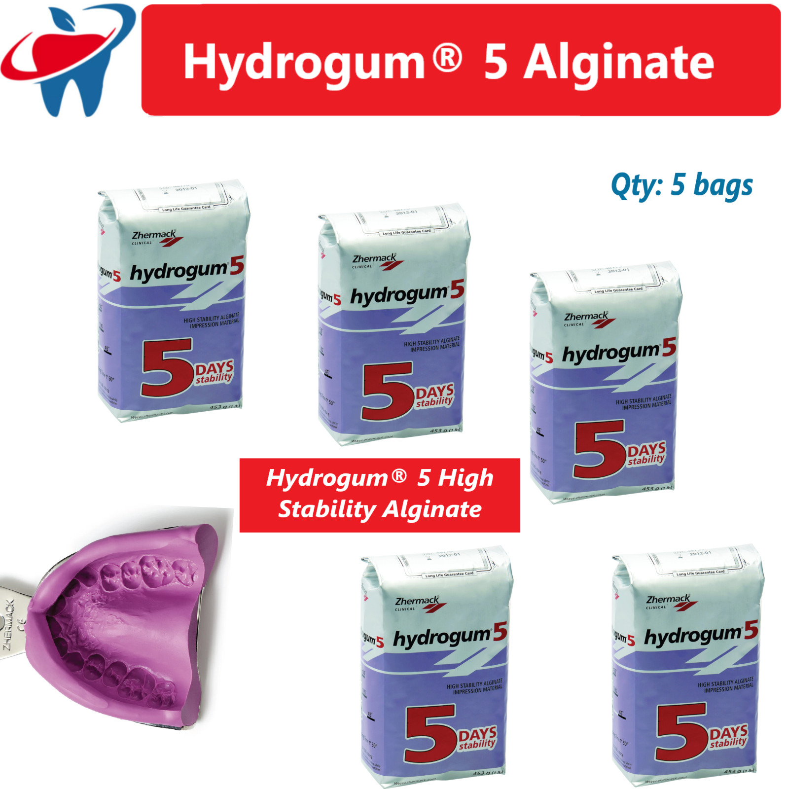 5 Bags x Zhermack Hydrogum 5 Dental VPS Impression Alginate 1 Lbs Extra Fast Set