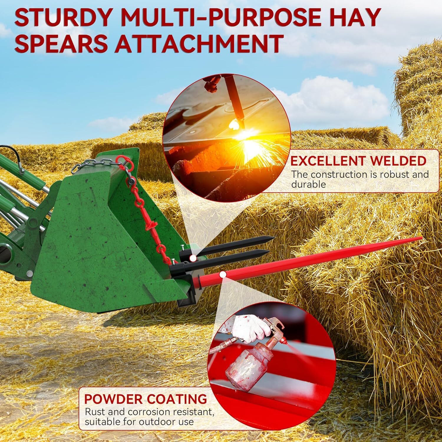 39″ Hay Spear Bale Spears Bucket Skid Steer Tractor Loader Attachment 2000 LBS