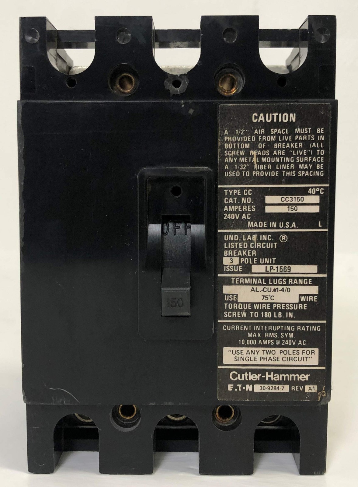 Eaton CC3150 Type CC Circuit Breaker 3-Pole 150 Amp 240 Volt