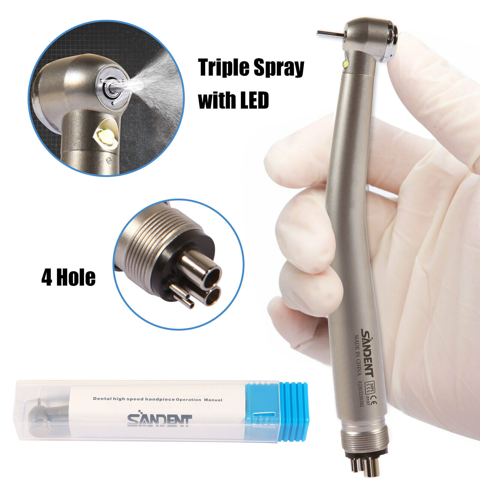 Dental E-generator LED Triple spray Fiber Optic Handpiece High Speed 4 Hole