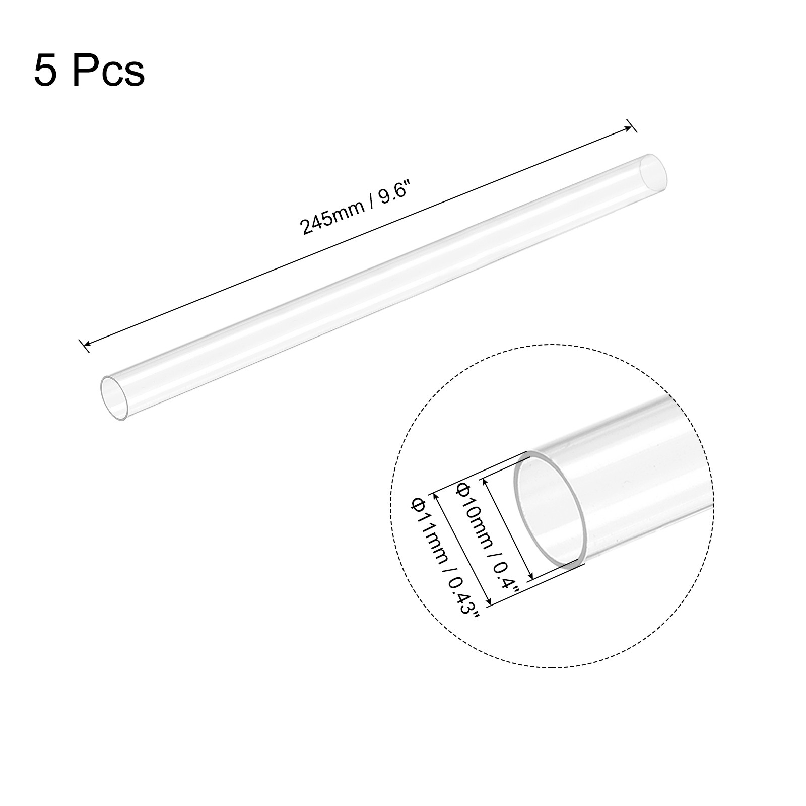 5 x Plastic Pipe Rigid Tube Clear 0.4″(10mm) ID 0.43″(11mm) OD 9.6″ (245mm)