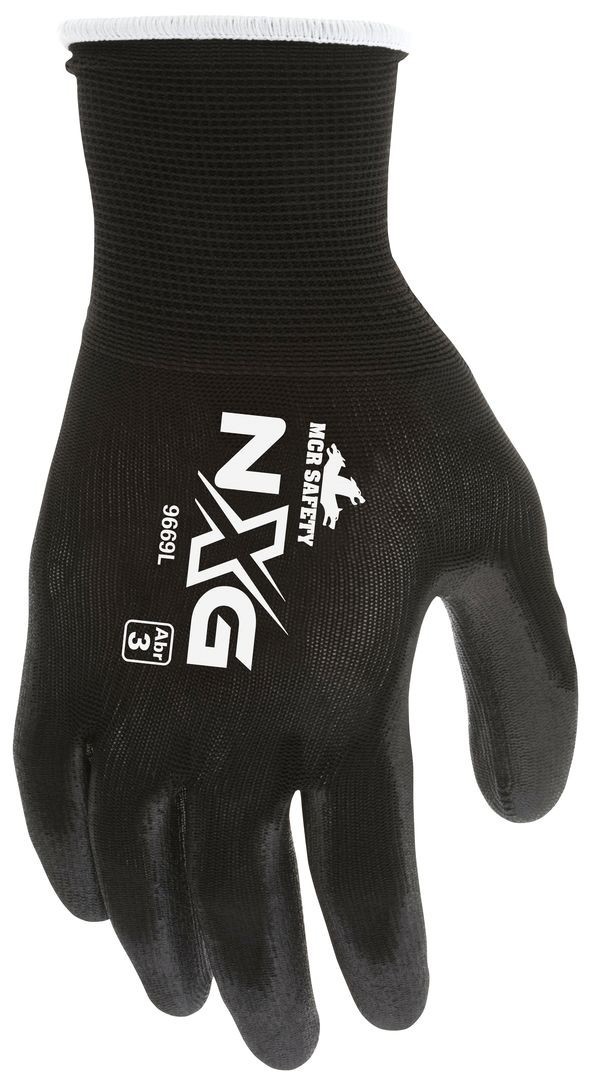 MCR Safety Work Gloves 13 Gauge Black Nylon Shell, Black Polyurethane Palm Dip
