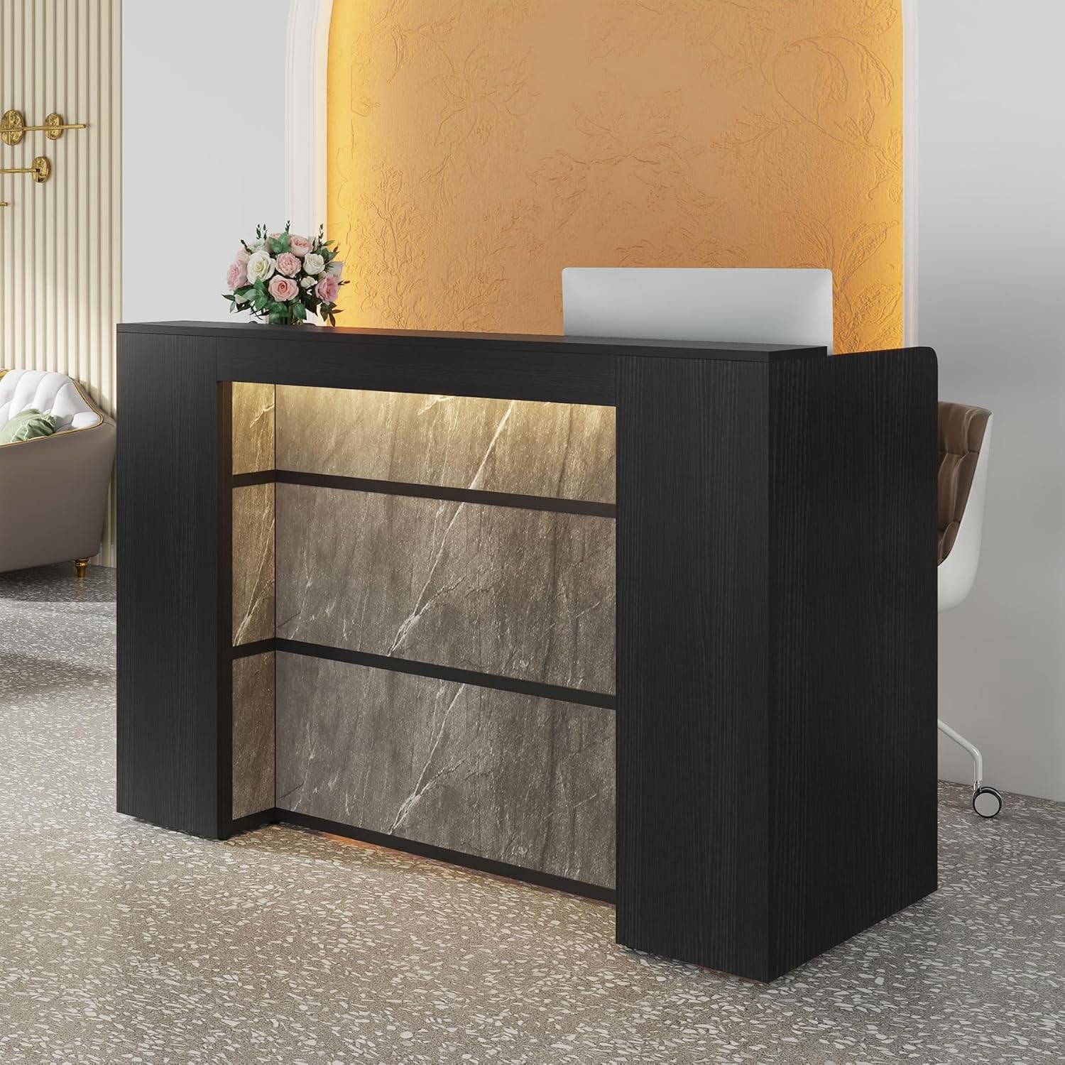 Reception Desk with LED Lights, 63-Inch Front Counter Desk for Checkout, Lobby