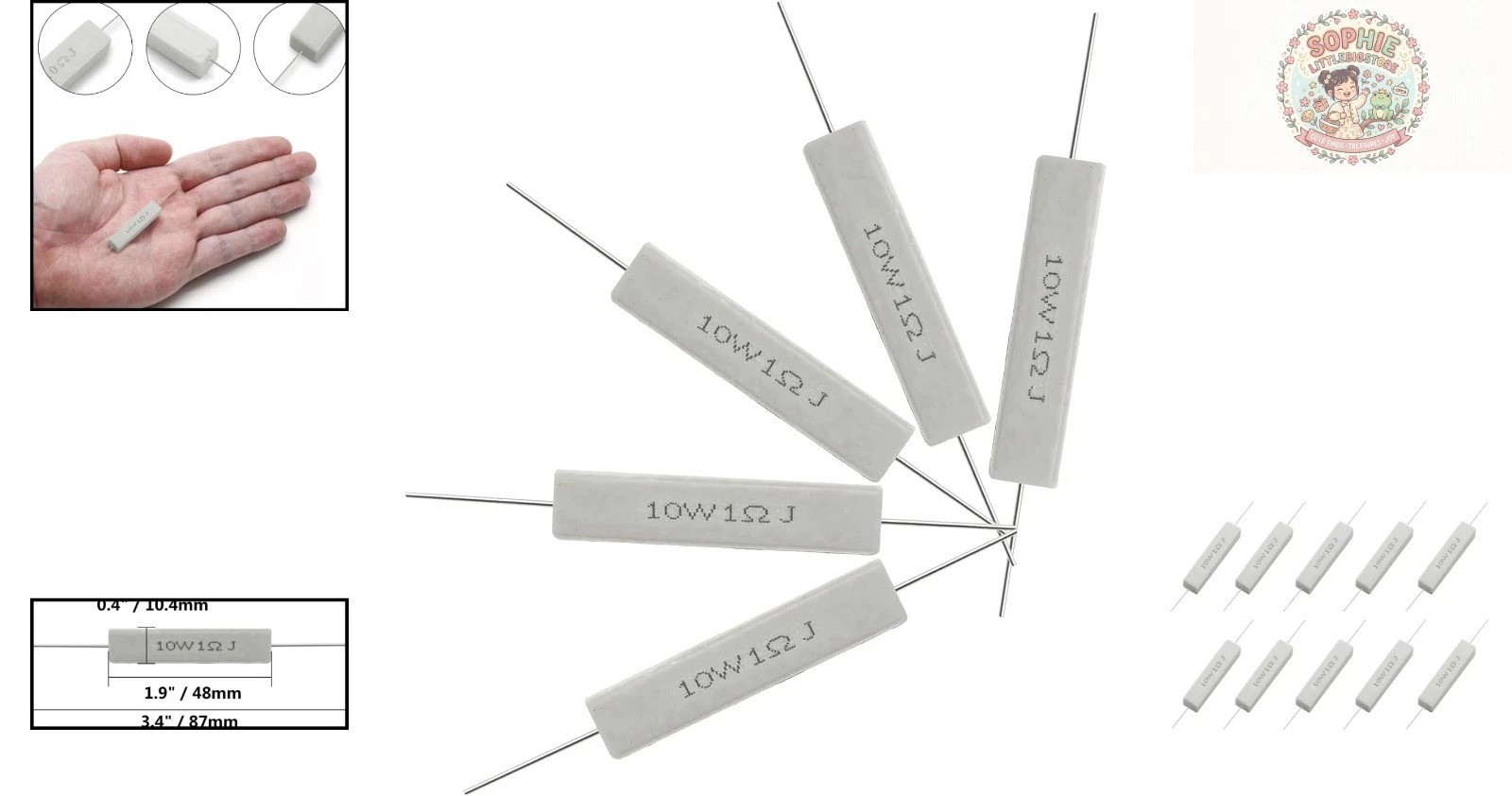 Compact 10PCS 10W 1 Ohm Ceramic Resistor – Reliable Electronics Component Kit