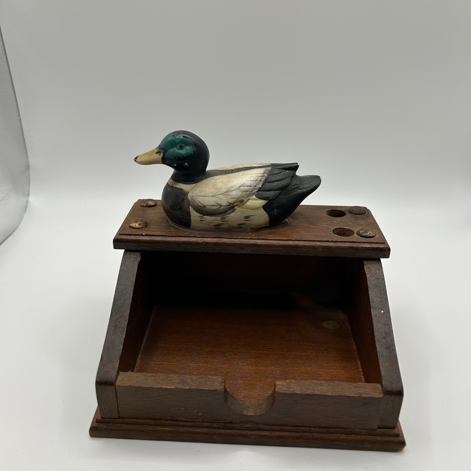 Vintage Giftco Wooden Mallard Duck Desk Organizer Pen Note Memo Holder Rustic