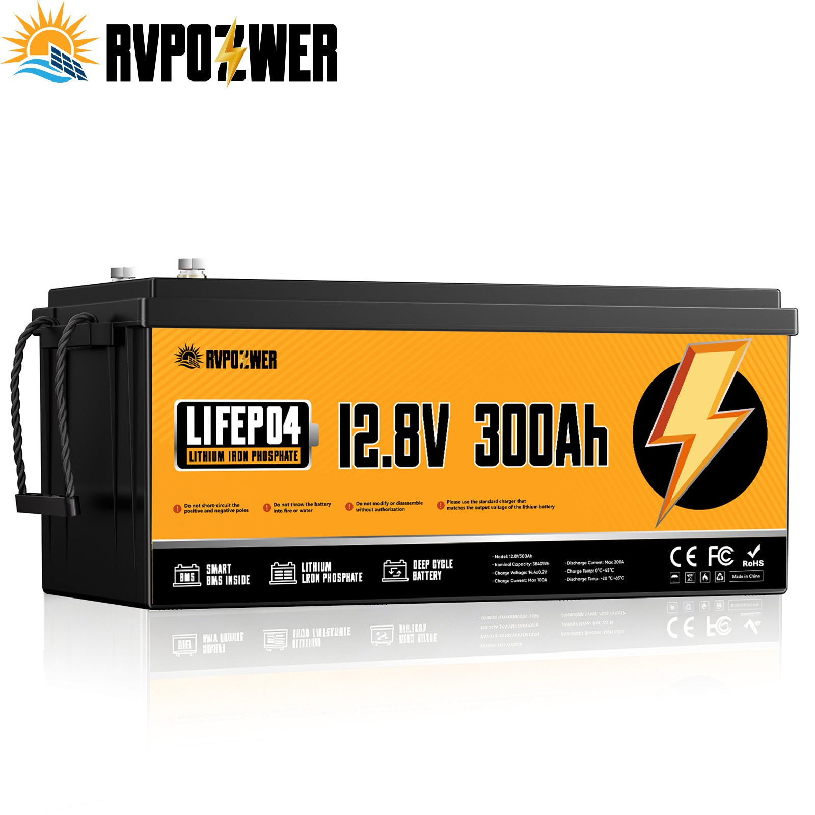 12V 300Ah Lithium LiFePO4 Battery 200A BMS for Golf Cart RV Marine Solar Panels