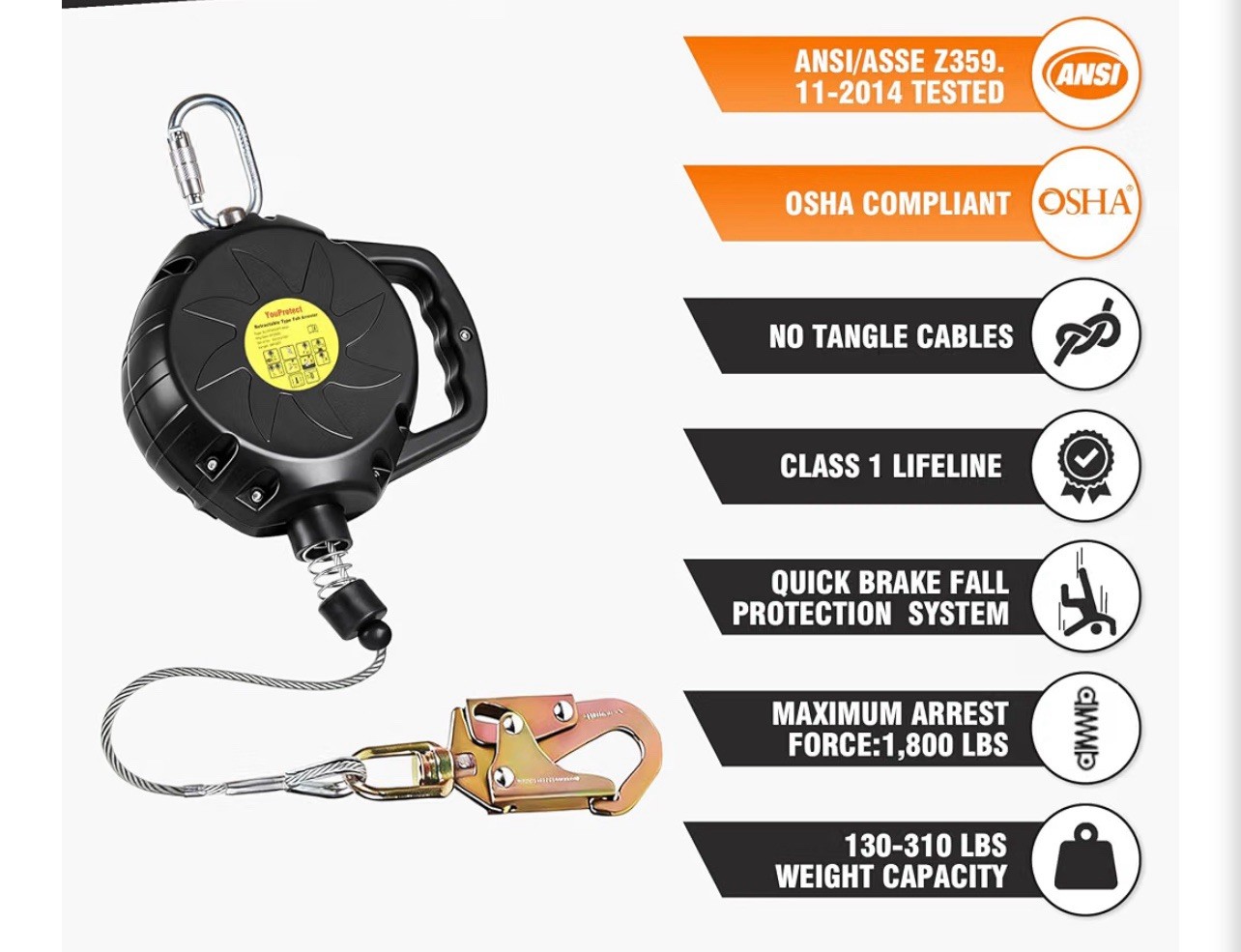 Self Retracting Lifeline 50FT Fall Protection Retractable Lanyard, Class 1 SRL