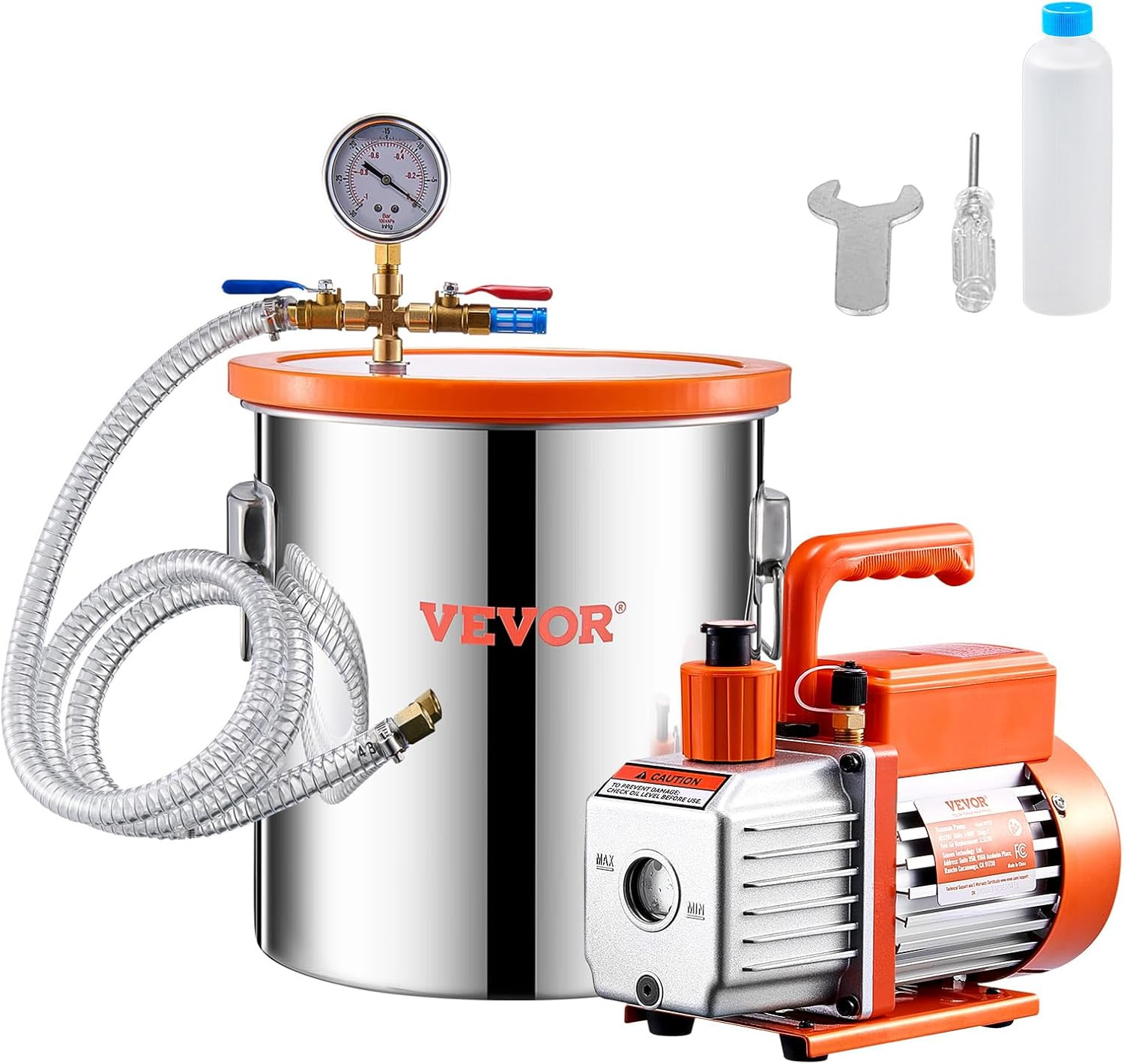 5 Gallon Vacuum Chamber and 3.5 CFM Pump Kit, Stainless Steel Chamber, Single St